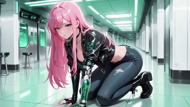 Hentai 3D AI : Fille aux cheveux roses en cuir dans un couloir cyber