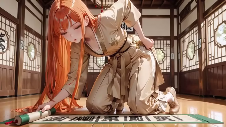 Hentai 3D AI Geisha aux cheveux orange s'agenouillant dans une chambre japonaise