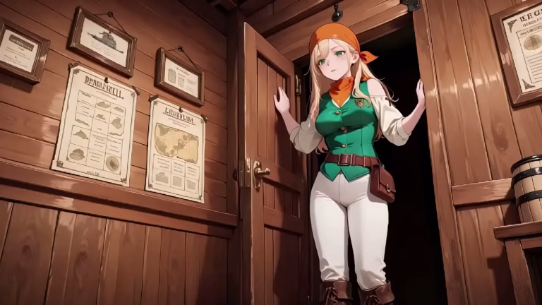 Hentai 3D : Capitaine pirate blonde en uniforme vert et jambes nues