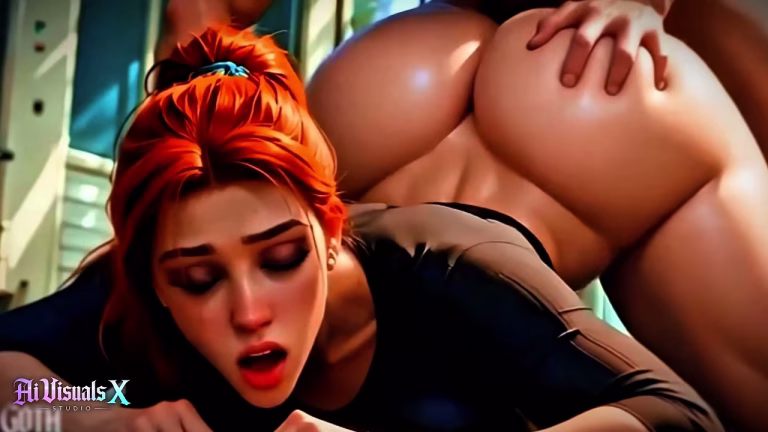 Rousse transpirante fait une gorge profonde hardcore pendant son entraînement gym